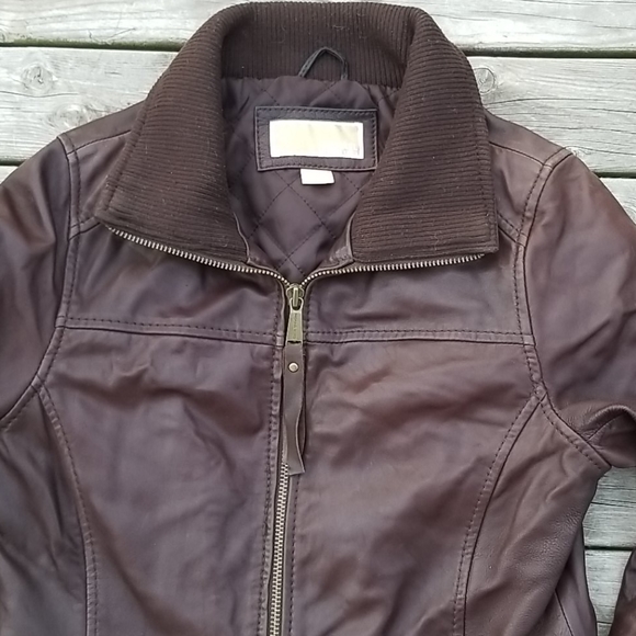 Michael Michael Kors Brown Leather Jacket quilted lining Drawstring waist - Picture 5 of 12